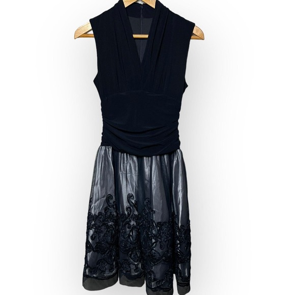 SLNY Navy Blue Fit and Flare Cocktail Dress Stretch Top Tulle Lace Skirt Size 4 - Picture 2 of 16